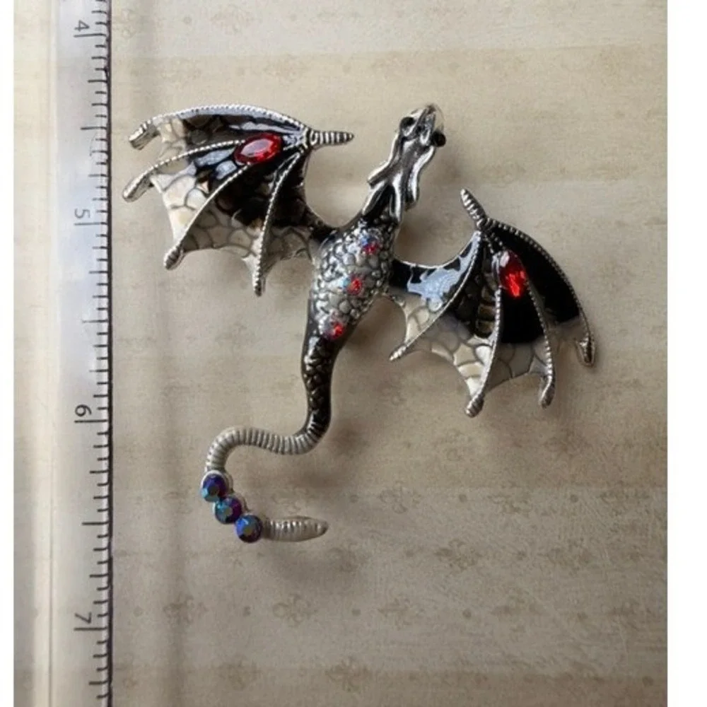 Dragon Brooch Silver Tone Red Rhinestone Black Enamel Winged Figural Pin